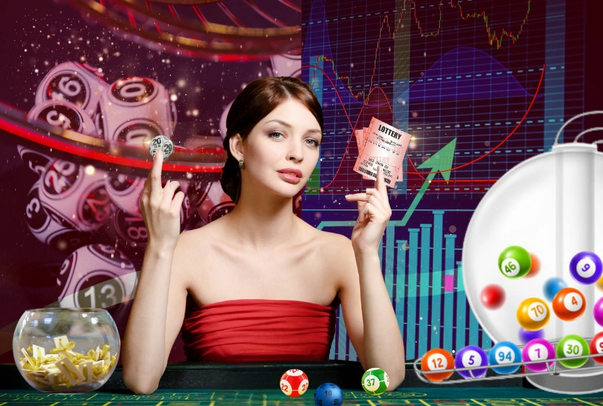 an image of a sexy casino girl with, with a background of data and hk lotto balls